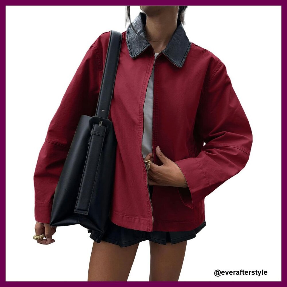 Cropped Bomber Jacket Oversized Vintage Canvas Leather Collar Utility Chic